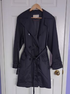 Michael Kors Black Double-Breasted Trench Coat with Waist Tie